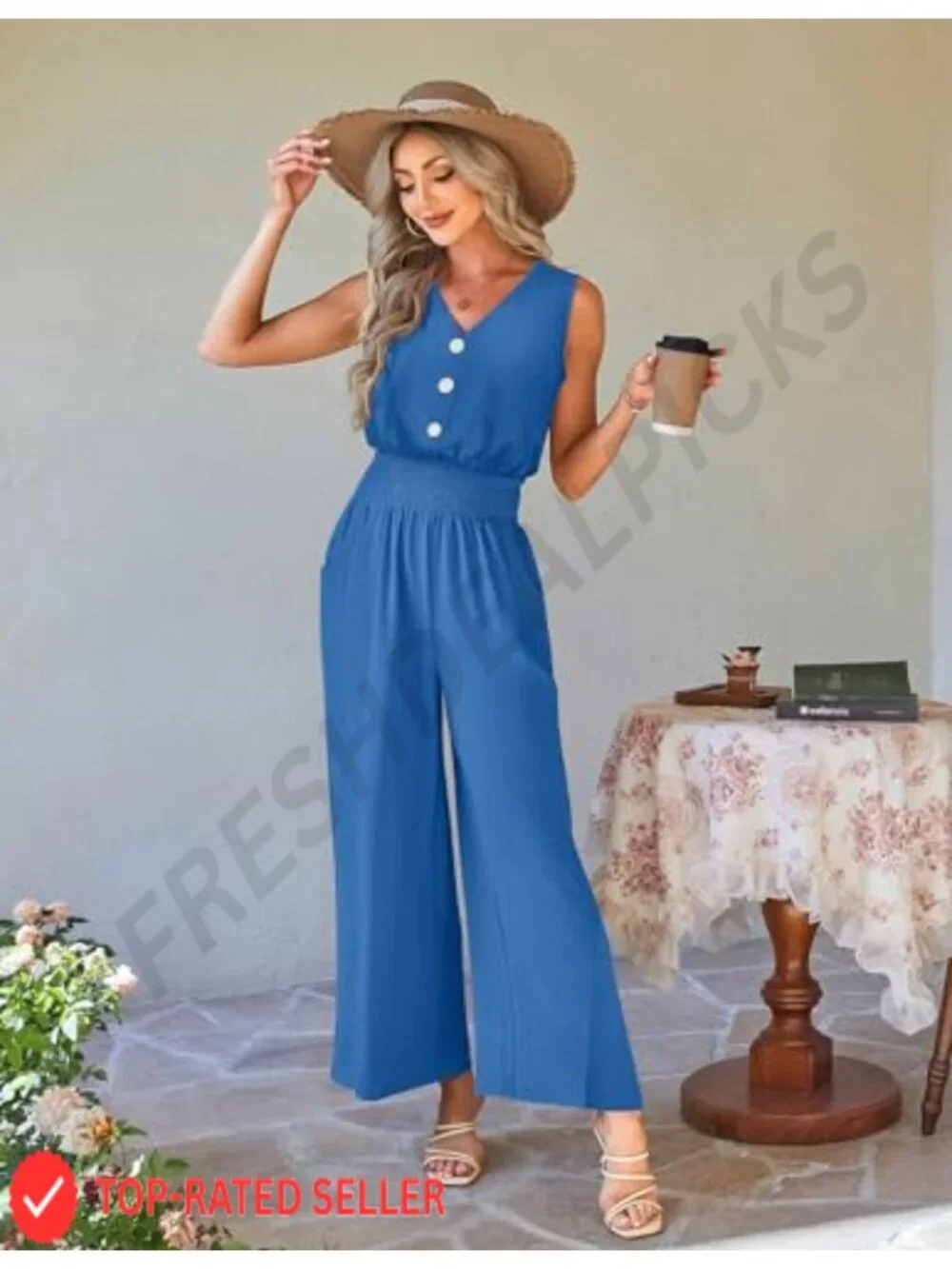 Dressy Casual Sleeveless Wide Leg Jumpsuit with Pockets, Smocked Waist